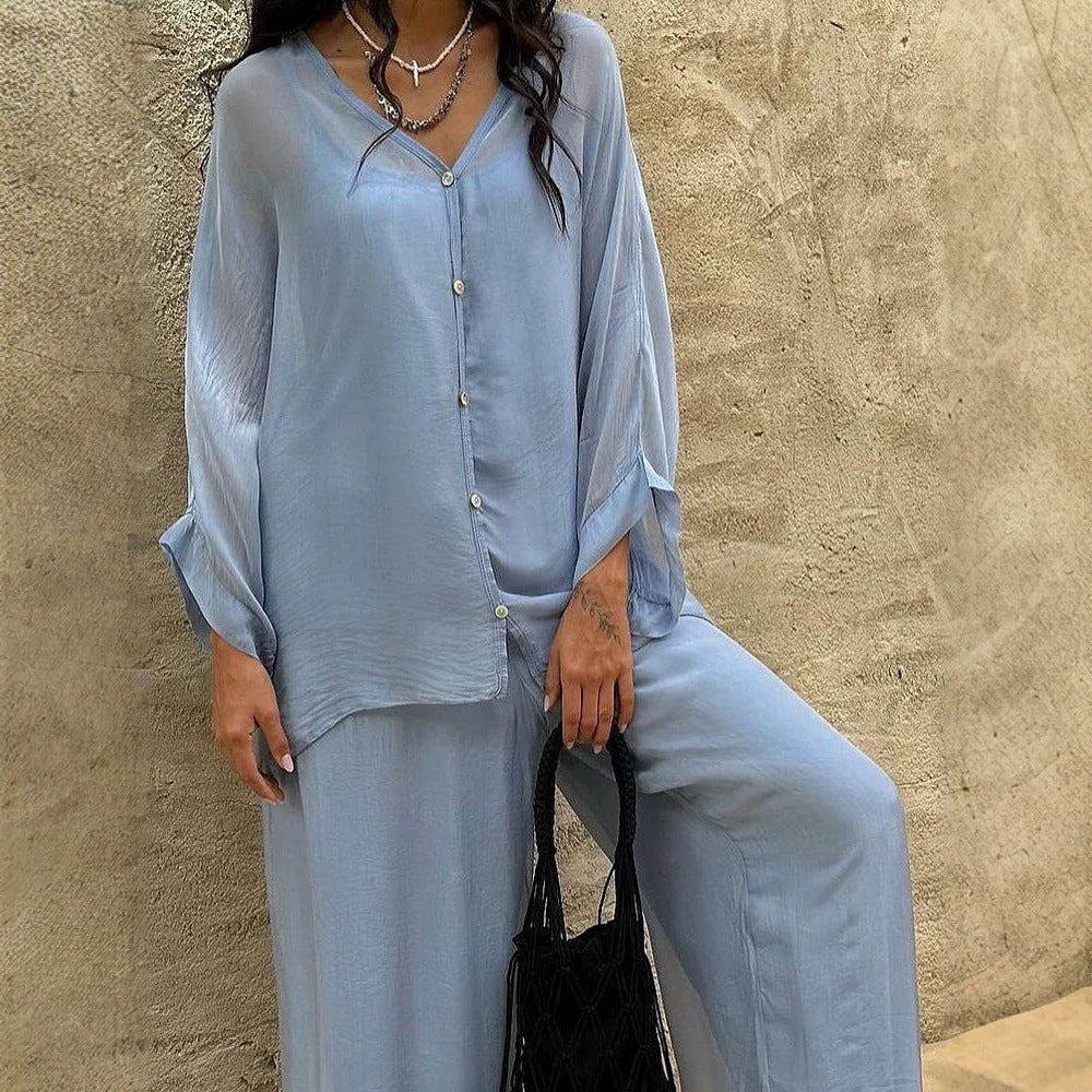 Damen Dreiteiliges Loungewear-Set aus leichter Viskose mit Oversize-Bluse, Top und weiter Palazzohose Nord Taschen