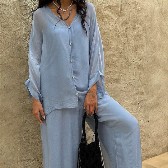 Damen Dreiteiliges Loungewear-Set aus leichter Viskose mit Oversize-Bluse, Top und weiter Palazzohose Nord Taschen