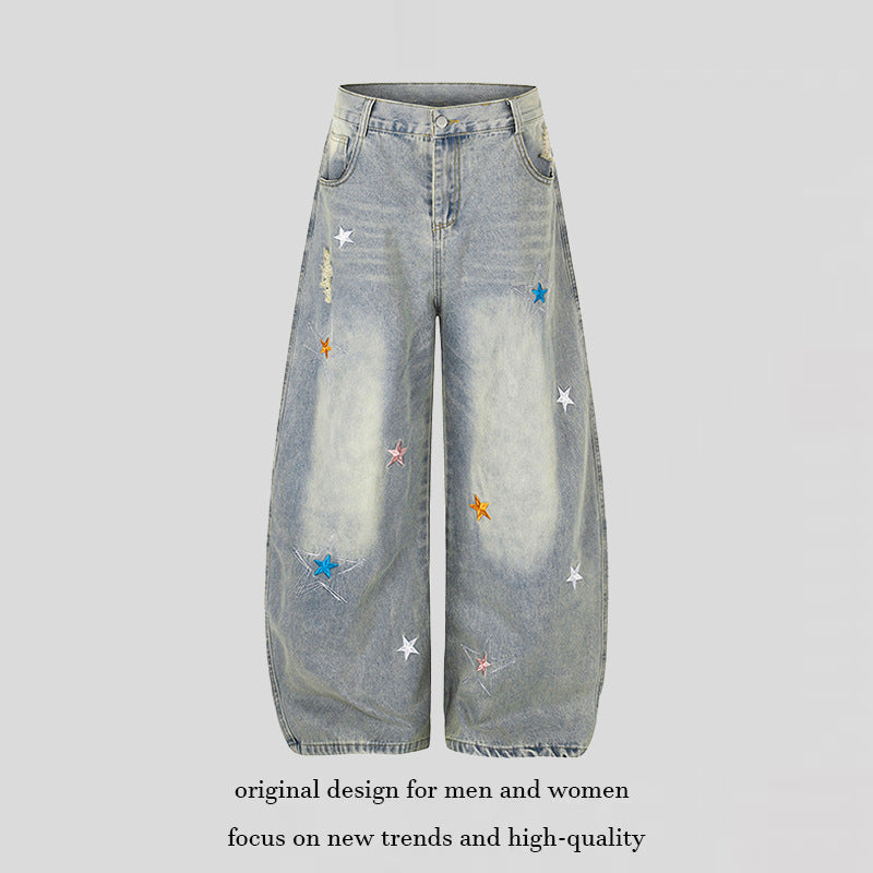 Damen Weite High-Waist Palazzo-Jeans mit Stern-Stickereien und Used-Effekt Nord Taschen