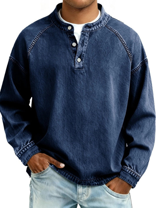 Herren Langarm-Henley Sweatshirt mit Stehkragen und Vintage-Denim-Effekt Nord Taschen