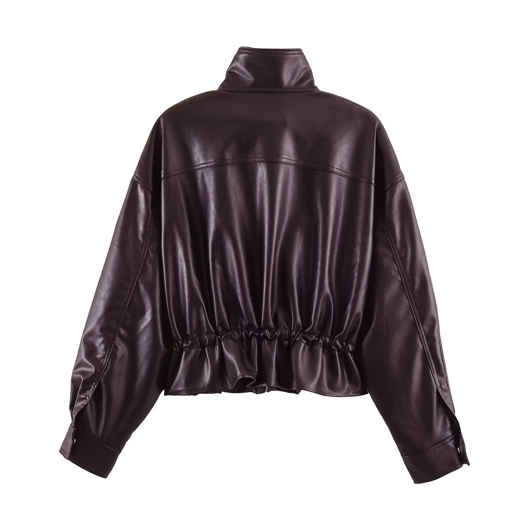 Damen Kurzer Oversize Kunstleder-Bomber mit Stehkragen, Pattentaschen und Kordelzug Nord Taschen