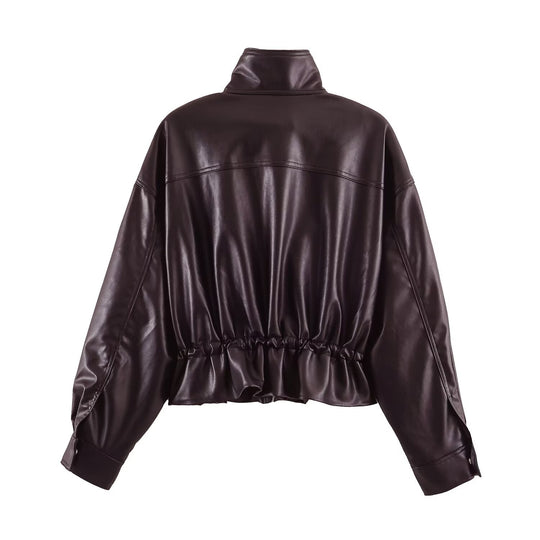 Damen Kurzer Oversize Kunstleder-Bomber mit Stehkragen, Pattentaschen und Kordelzug Nord Taschen