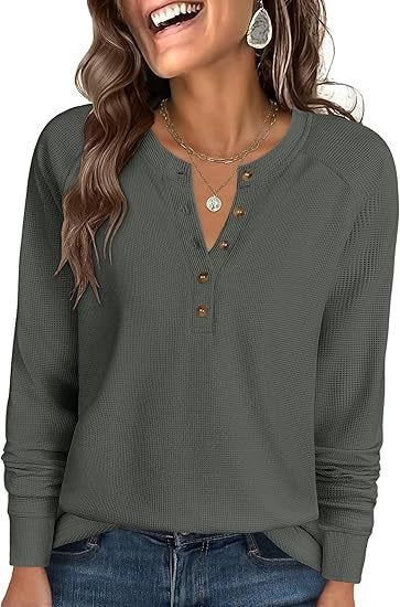 Damen Waffelstrick-Henley-Longsleeve mit Knopfleiste, Raglanärmeln und gerippten Bündchen Nord Taschen