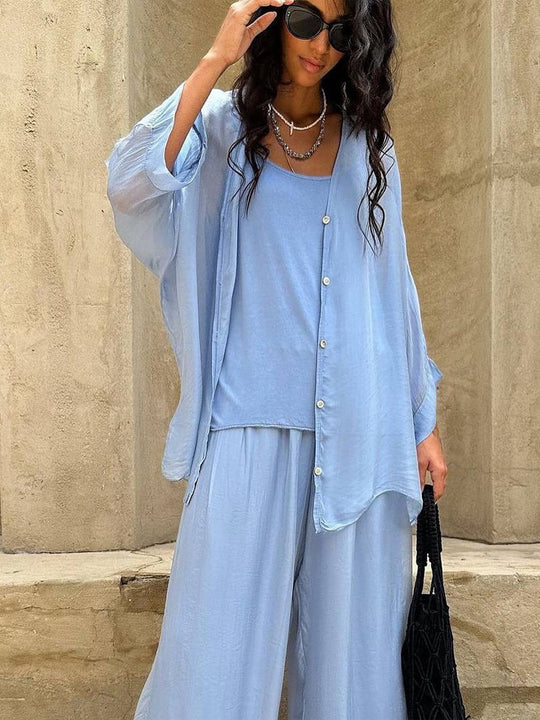 Damen Dreiteiliges Loungewear-Set aus leichter Viskose mit Oversize-Bluse, Top und weiter Palazzohose Nord Taschen