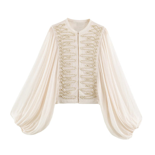 Damen Kurze Bluse‑Jacke mit dekorativer Kordelverzierung und voluminösen Plisseeärmeln Nord Taschen