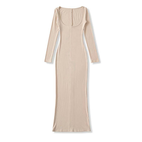 Damen Figurbetontes Maxi-Kleid mit Korsett-Detail, Rippstrick und langen Ärmeln Nord Taschen