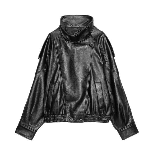 Damen Lederjacke mit hohem Stehkragen und asymmetrischer Druckknopfleiste Nord Taschen