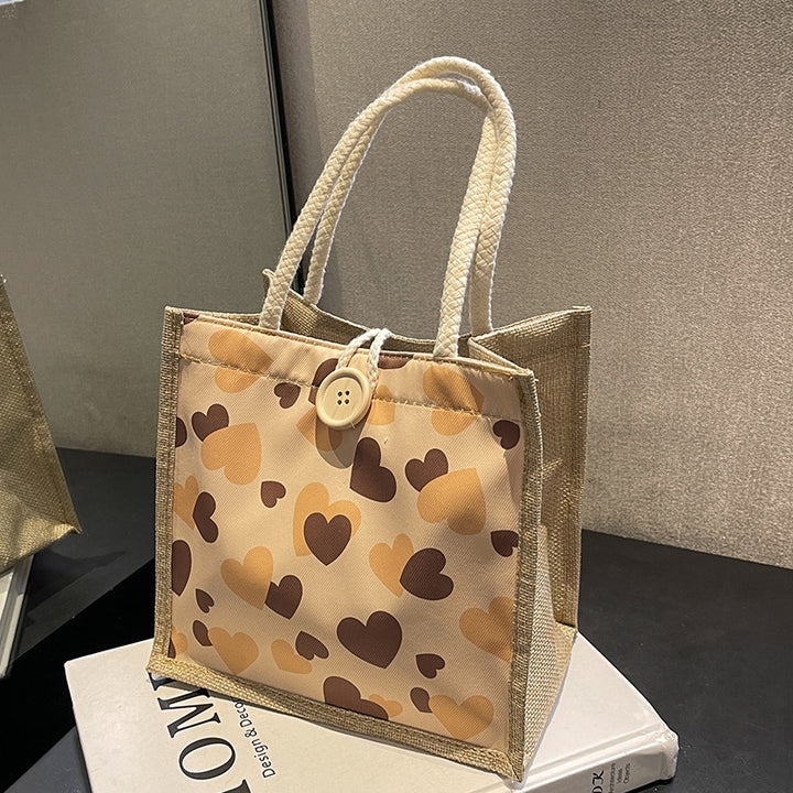 Damen Jute Tragetasche mit liebevollem Herzdesign und praktischem Knopfverschluss Nord Taschen