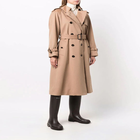 Damen Midilanger Wollmix-Trenchcoat im Tailoring mit Doppelreihe, Taillengürtel und Epauletten Nord Taschen