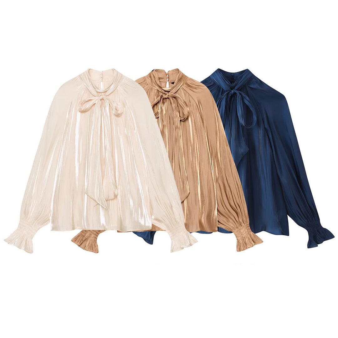 Damen Seidenähnliche Schlupfbluse mit Schleifenkragen, Plissée‑Effekt und gerafften Ballonärmeln Nord Taschen