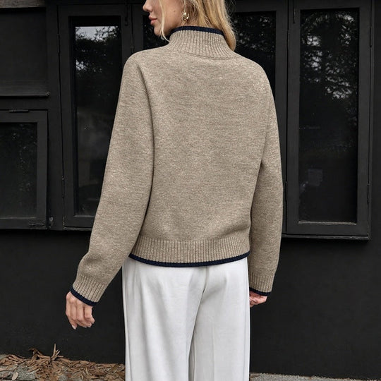 Damen Kaschmir-Optik Stehkragenpullover mit kontrastierten Bündchen Nord Taschen