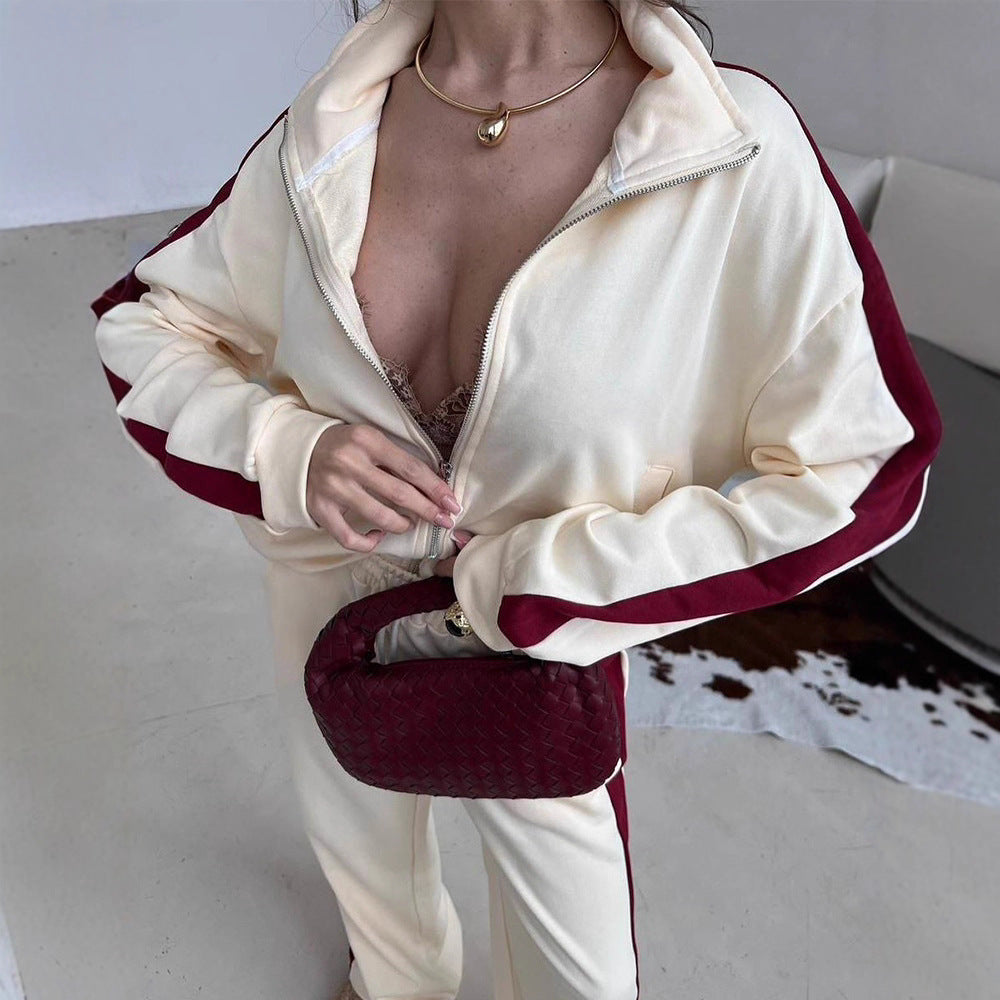 Damen weites Zip-Sweatset mit Kapuze, hohen Bund und seitlichem Kontraststreifen Nord Taschen