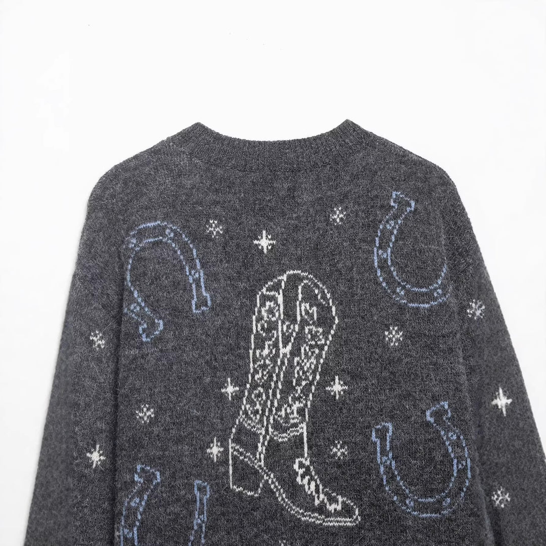 Damen Strickcardigan mit Pferde- und Hufeisen-Jacquard und Zierknöpfen Nord Taschen