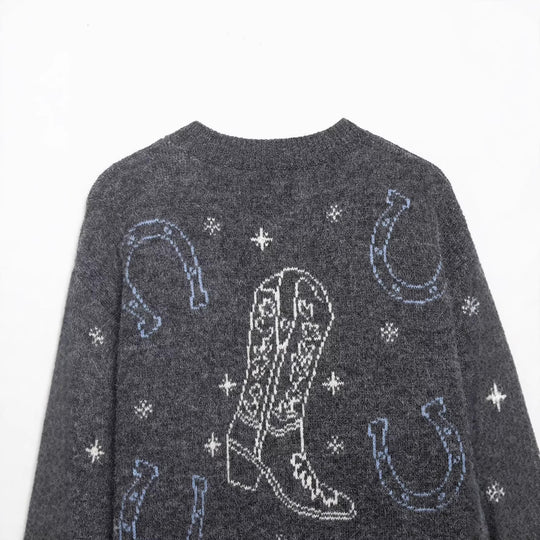 Damen Strickcardigan mit Pferde- und Hufeisen-Jacquard und Zierknöpfen Nord Taschen