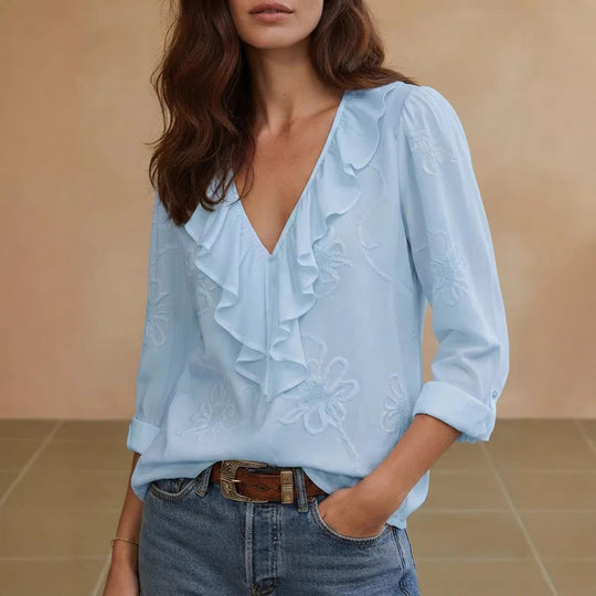 Damen elegante Bluse mit Volant und floralem Stickmuster