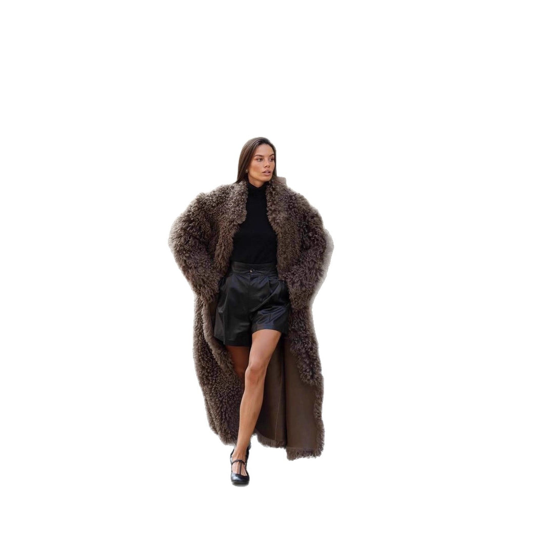 Damen Maxilanger lockiger Teddy-Mantel in Schaffell-Optik Nord Taschen