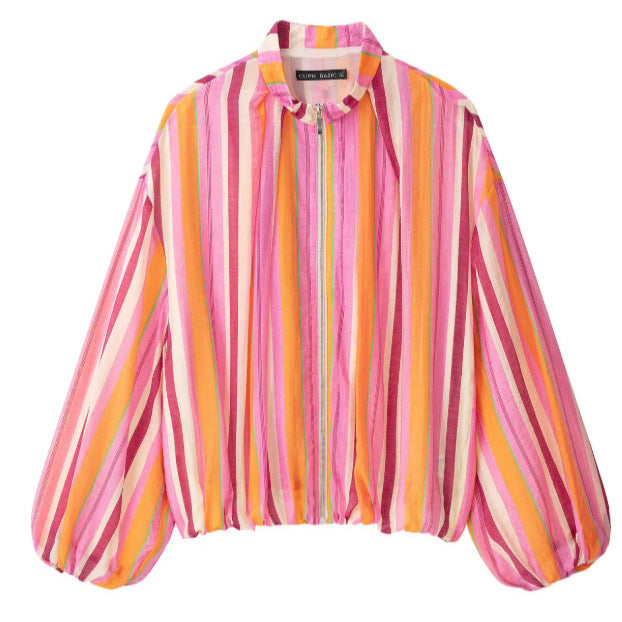 Damen Leichte gestreifte Cropped Blousonjacke im Bomberstil mit Stehkragen, Reißverschluss und Ballonärmeln Nord Taschen
