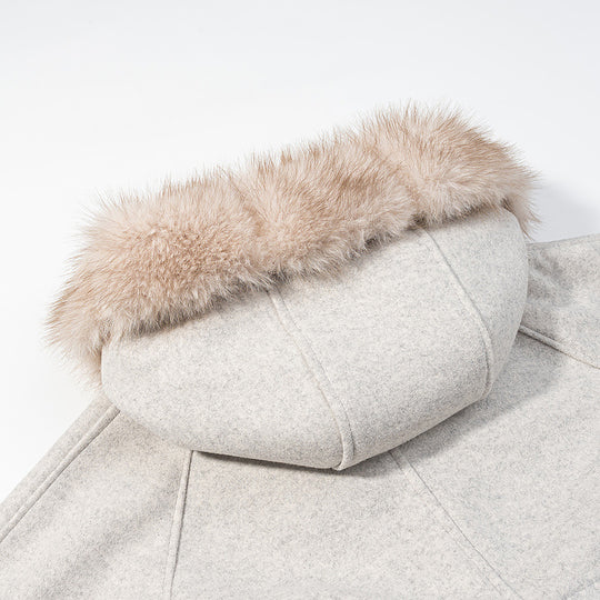 Damen Kurze Kapuzenjacke mit Kunstfellbesatz, Taschen und Taillenschleife Nord Taschen