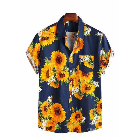 Herren Kurzarmhemd mit farbenfrohem Sonnenblumenmuster und leichtem Baumwollstoff
