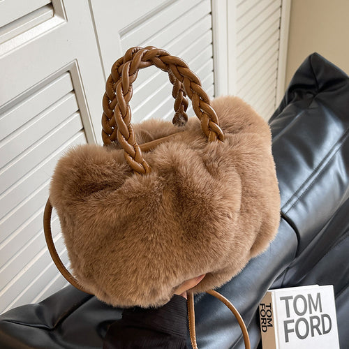 Damen Plüsch Handtasche mit geflochtenem Griff Nord Taschen
