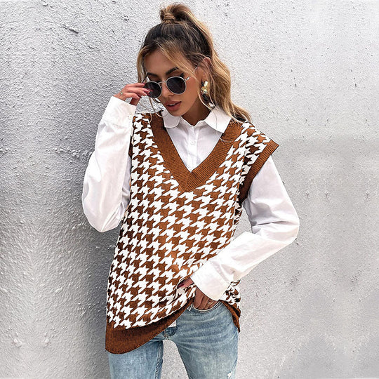 Damen Hochwertiger Strickpullover mit V-Ausschnitt und Hahnentrittmuster Nord Taschen