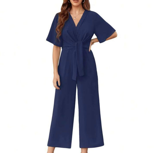 Damen eleganter Wickel-Jumpsuit mit weiten Beinen und Taillengürtel