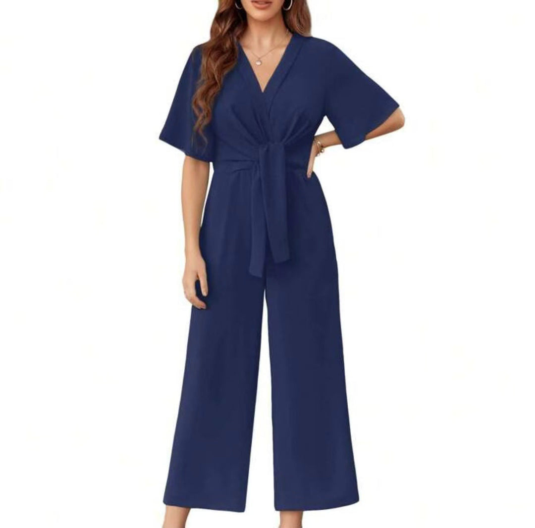Damen eleganter Jumpsuit mit tiefem V-Ausschnitt und Poncho-Ärmeln