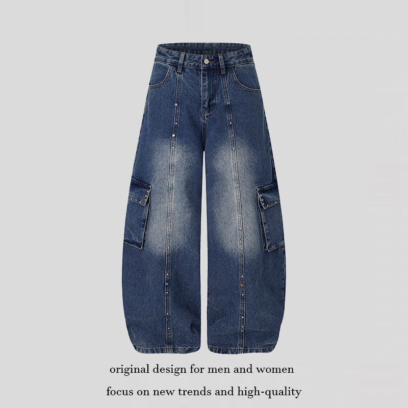 Damen Extraweite Cargo‑Palazzo‑Jeans mit hoher Taille, aufgesetzten Taschen und Strassbesatz Nord Taschen