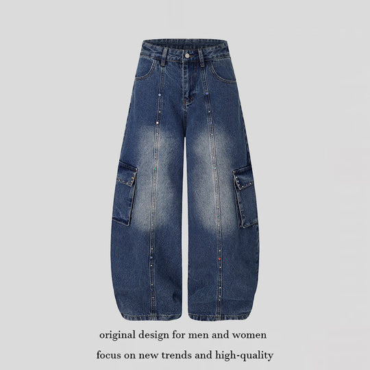 Damen Extraweite Cargo‑Palazzo‑Jeans mit hoher Taille, aufgesetzten Taschen und Strassbesatz Nord Taschen