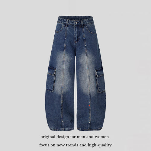 Damen Extraweite Cargo‑Palazzo‑Jeans mit hoher Taille, aufgesetzten Taschen und Strassbesatz Nord Taschen
