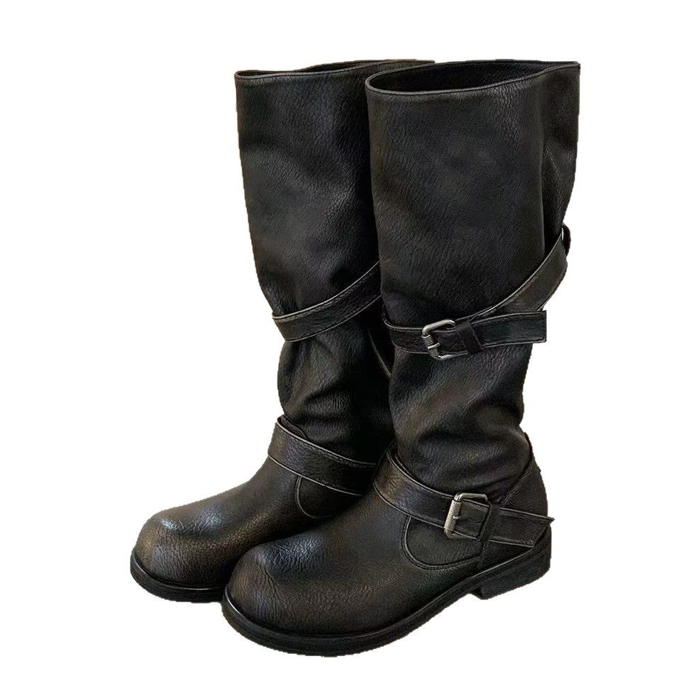 Damen modische kniehohe Stiefel mit dekorativen Riemen und robustem Blockabsatz Nord Taschen