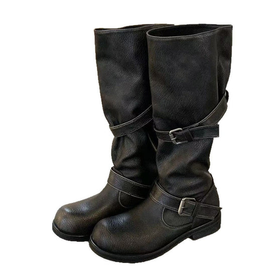Damen modische kniehohe Stiefel mit dekorativen Riemen und robustem Blockabsatz Nord Taschen