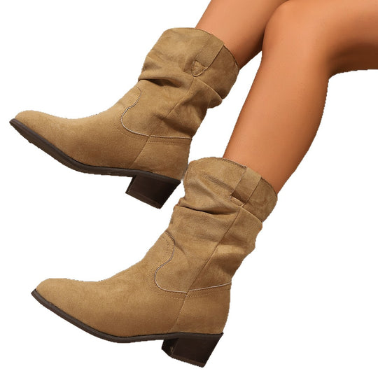 Damen Veloursleder Slouch-Cowboy-Stiefel mit niedrigem Blockabsatz Nord Taschen
