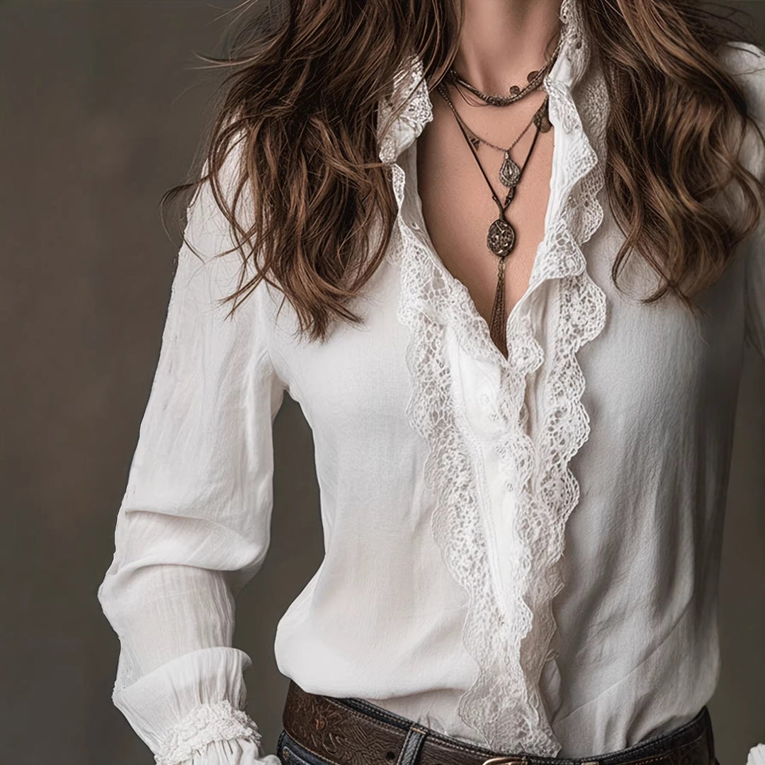 Damen elegante Bluse mit Rüschendetails und Spitzenbesatz