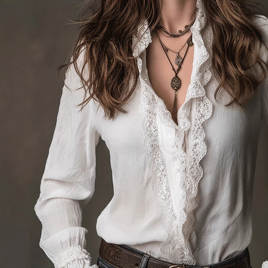 Damen elegante Bluse mit Rüschendetails und Spitzenbesatz Avellé