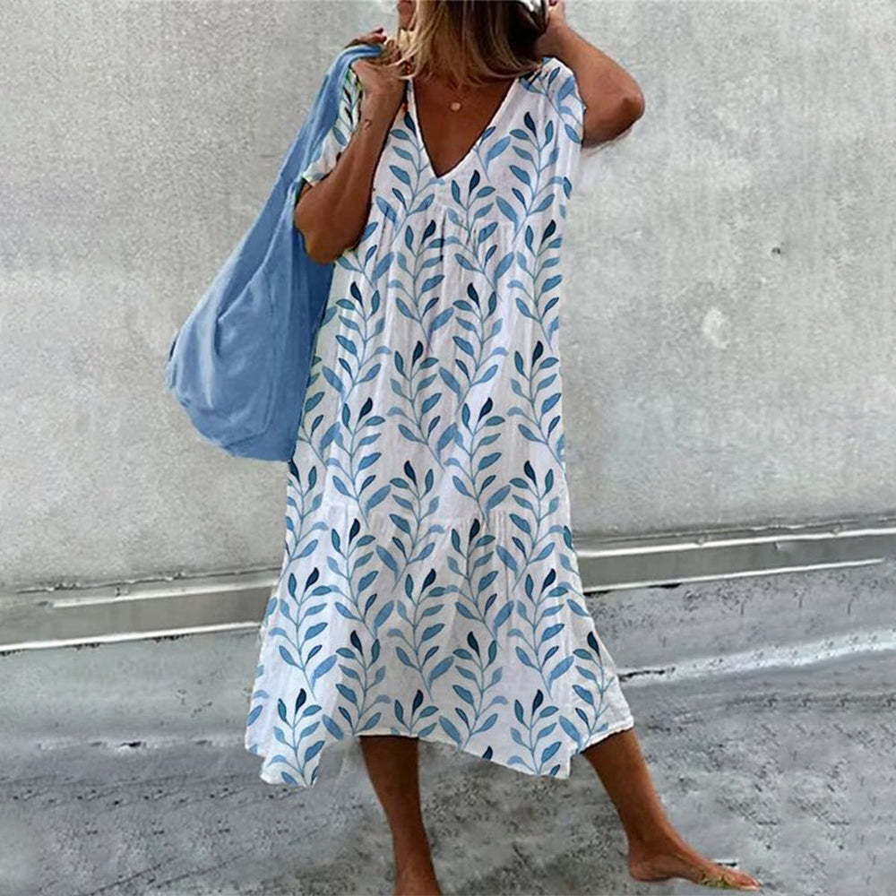 Damen luftiges Maxikleid mit floralem Muster und V-Ausschnitt