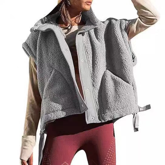 Damen Übergroße Teddyfleece-Weste mit Kapuze und Druckknöpfen Nord Taschen