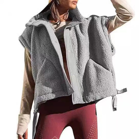 Damen Übergroße Teddyfleece-Weste mit Kapuze und Druckknöpfen Nord Taschen