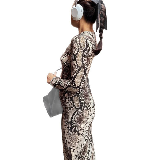 Damen Figurbetontes Maxikleid aus Stretch-Jersey mit Schlangenprint und Rundhalsausschnitt Nord Taschen