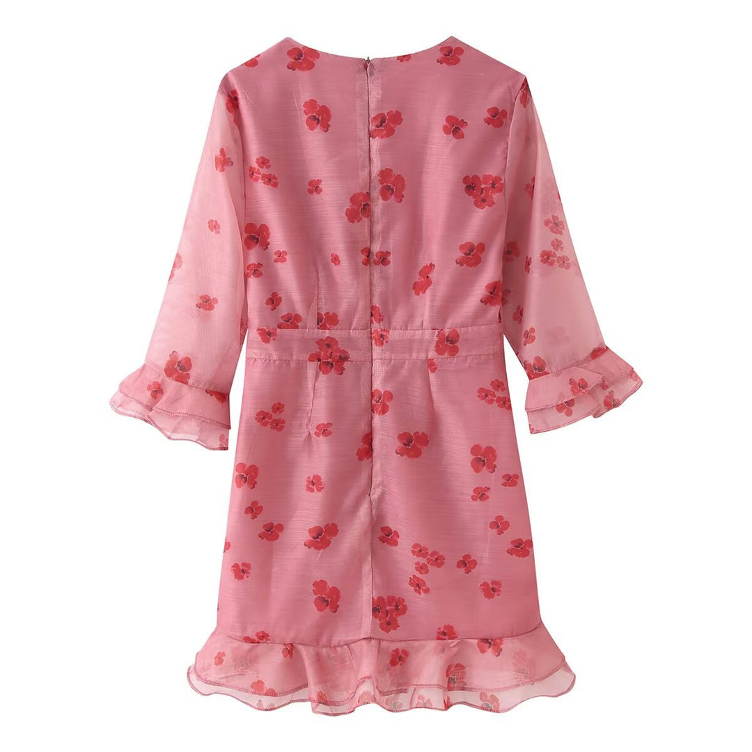Damen Chiffon-Minikleid mit plissiertem Dekolleté, transparenten Volantärmeln und ausgestelltem Saum Nord Taschen