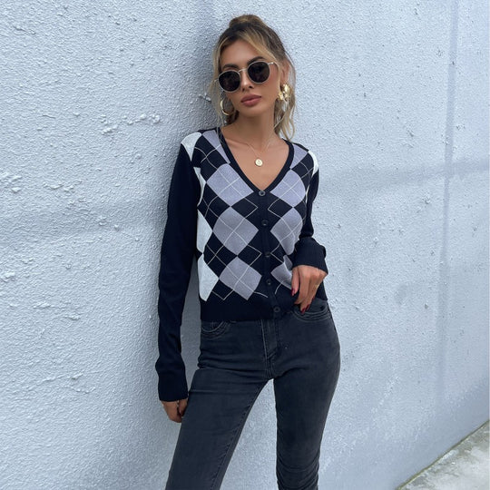 Damen Gemusterter V-Pullover Nord Taschen