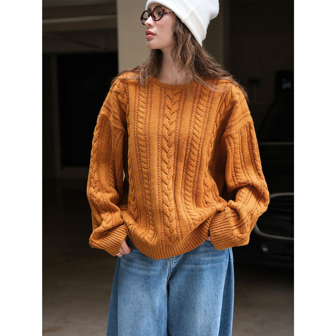 Damen Oversize-Zopfmuster-Strickpullover mit Rundhalsausschnitt und voluminösen Ärmeln Nord Taschen