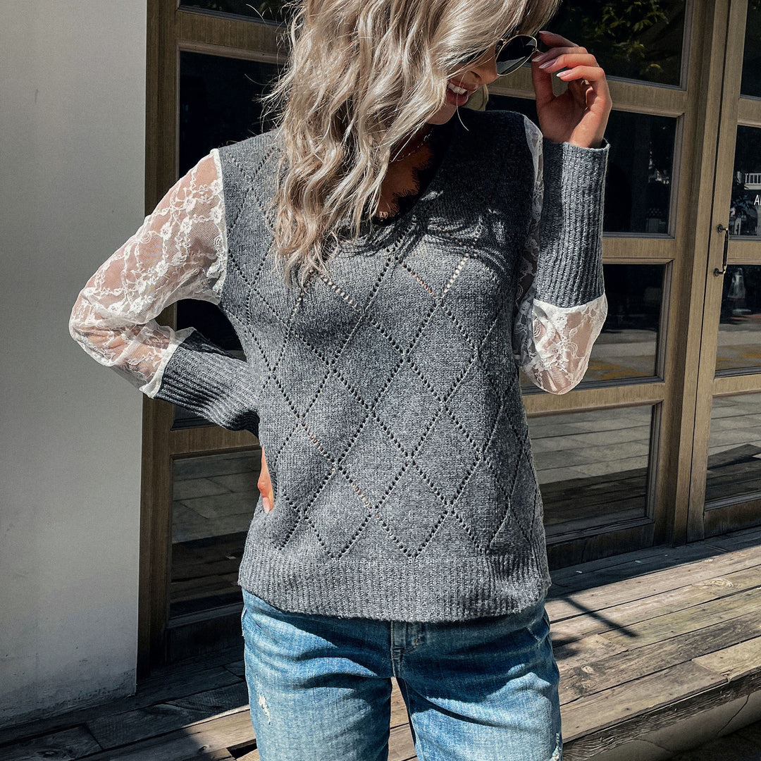 Damen Lässiger Feinstrickpullover mit Ajour‑Rautenmuster, transparenten Spitzenärmeln und gerippten Bündchen Nord Taschen