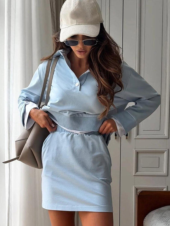 Damen Lässiges Zweiteiliges Sweatset mit Hemdkragen, Cropped‑Pullover und High‑Waist Bike‑Shorts Nord Taschen