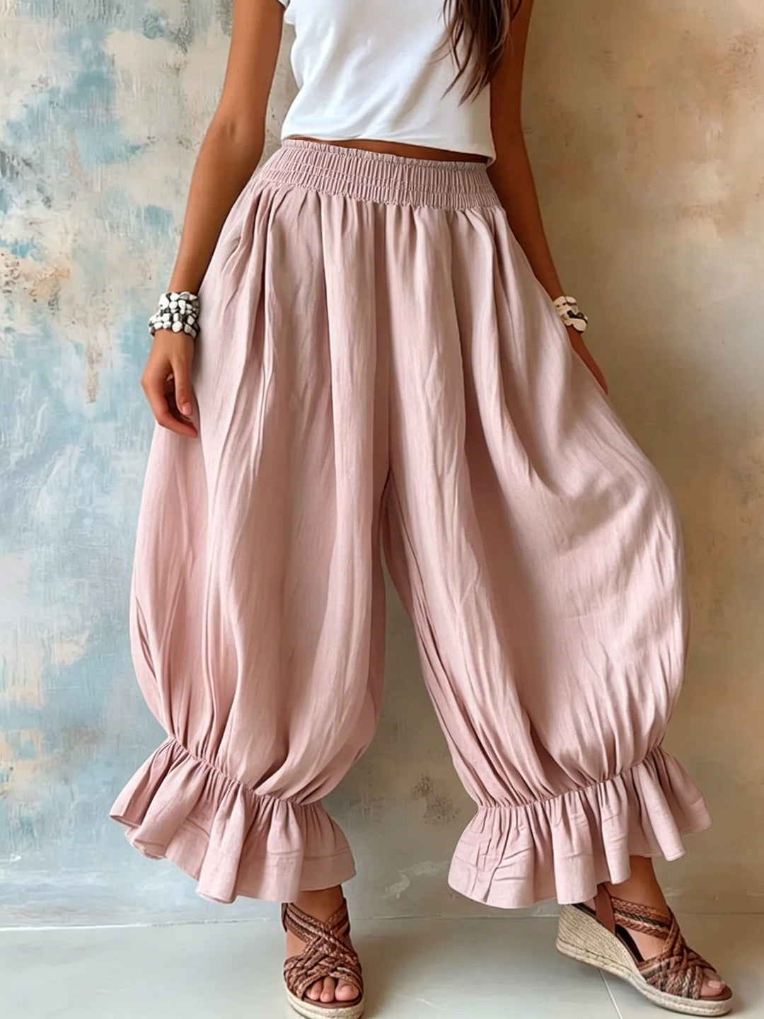 Damen Weite Haremhose mit Rüschenbündchen und Smok‑Taillenbund Nord Taschen