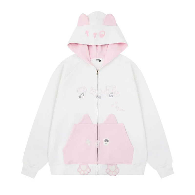 Damen Kapuzen-Sweatjacke mit Ohren, durchgehendem Reißverschluss, Kängurutasche mit Pfoten‑Applikation und verspielten Stickereien Nord Taschen