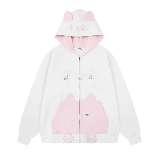 Damen Kapuzen-Sweatjacke mit Ohren, durchgehendem Reißverschluss, Kängurutasche mit Pfoten‑Applikation und verspielten Stickereien Nord Taschen