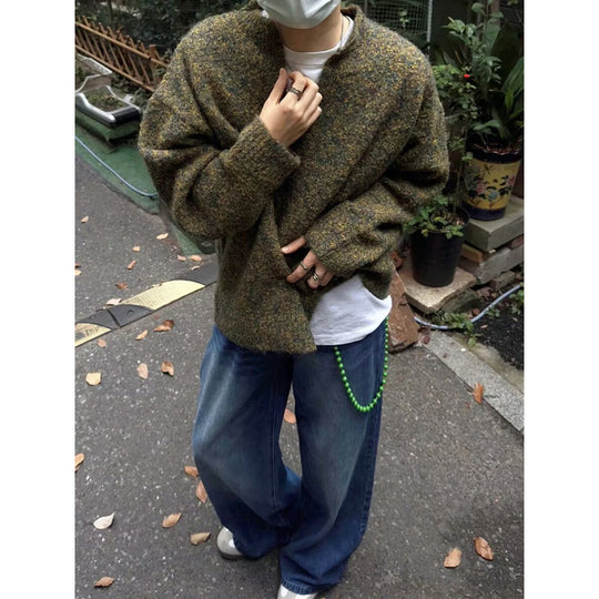 Herren Melangé Grobstrick-Pullover mit V-Schlitz und lockerem Oversize-Schnitt Nord Taschen