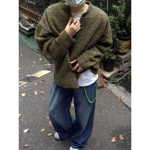 Herren Melangé Grobstrick-Pullover mit V-Schlitz und lockerem Oversize-Schnitt Nord Taschen
