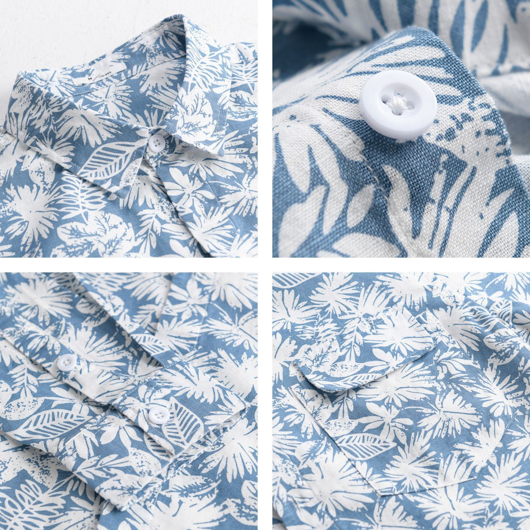 Damen Leichtes Blumenprint-Overshirt aus Leinen-Baumwollmix mit Kentkragen und Brusttasche Nord Taschen